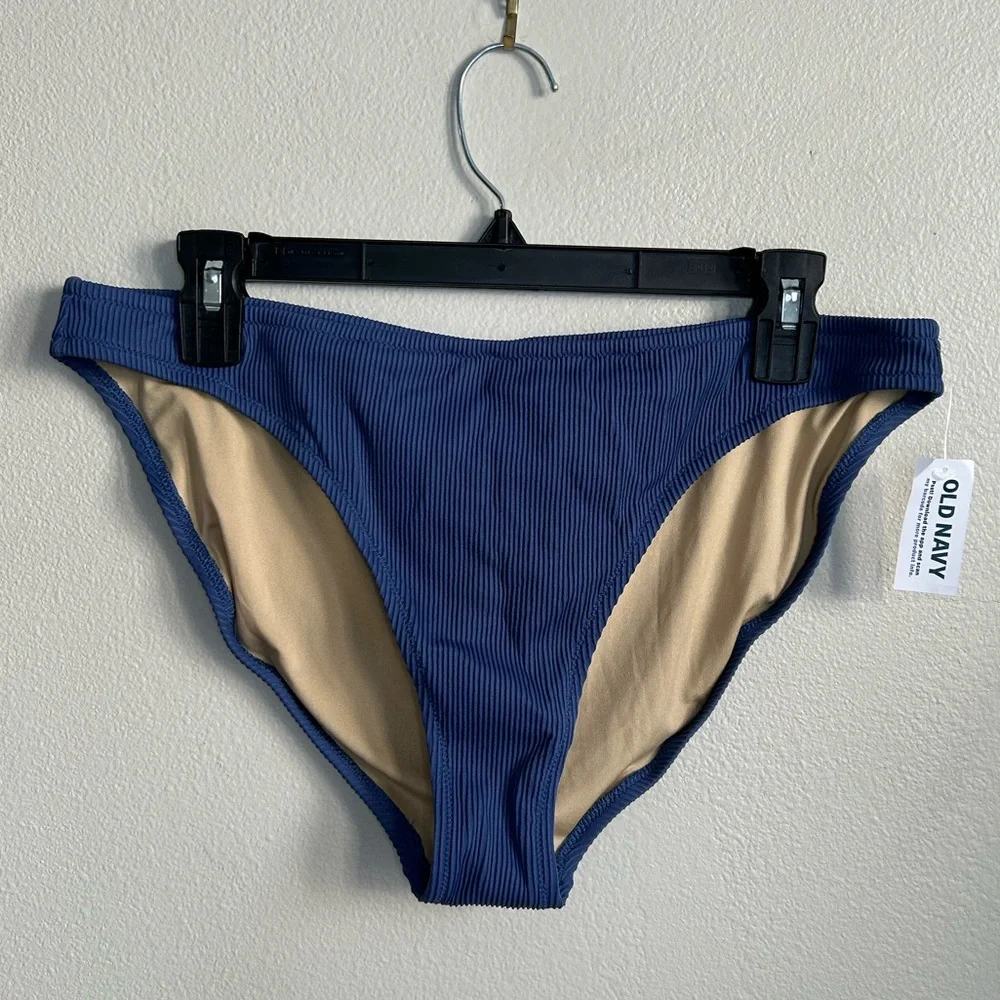NWT Old Navy Women's Low-Rise Classic Rib-Knit Bikini Swim Bottom Blue Size L